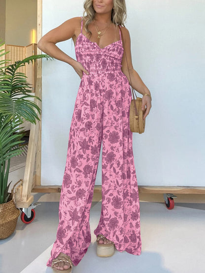 Full Size Printed Spaghetti Strap Wide Leg Jumpsuit.