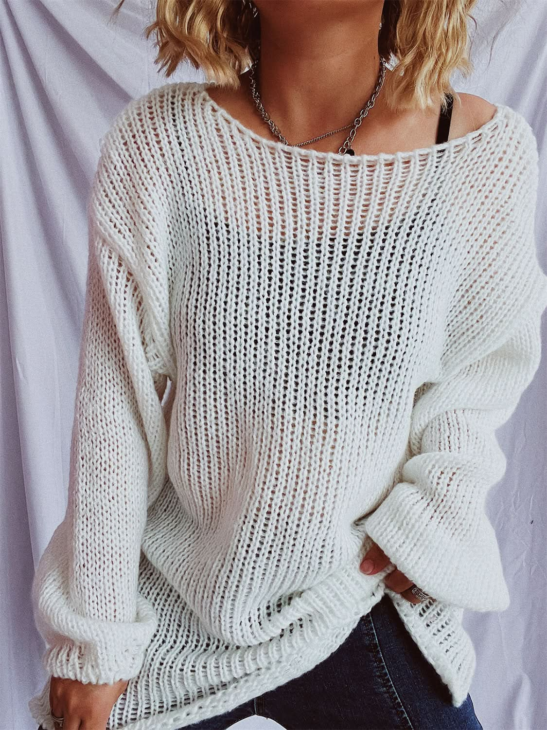 Chic dropped shoulder boat neck sweater