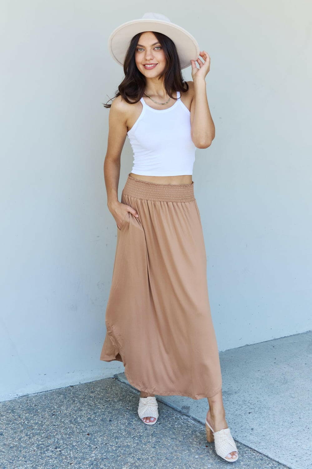 Doublju Comfort Princess Full Size High Waist Scoop Hem Maxi Skirt in Tan.