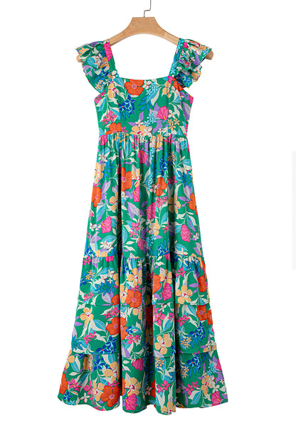 Green Floral Print Sleeveless Ruffle Tiered Maxi Dress Delight