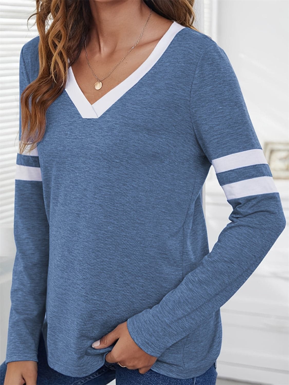 Heathered V-Neck Long Sleeve T-Shirt.