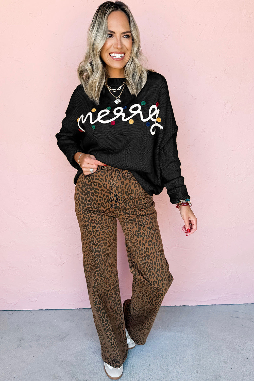 Black Merry Christmas Sweater With Colorful Dot Detail And Drop Shoulder Dear-Lover Dropshipping