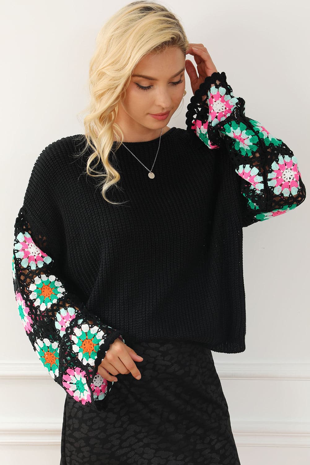 Crochet Round Neck Long Sleeve Knit Top.