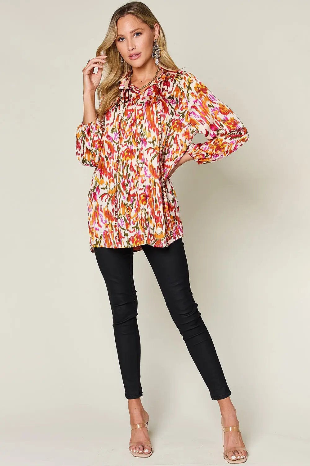 Double Take Full Size Printed Button Up Long Sleeve Shirt - Love Salve