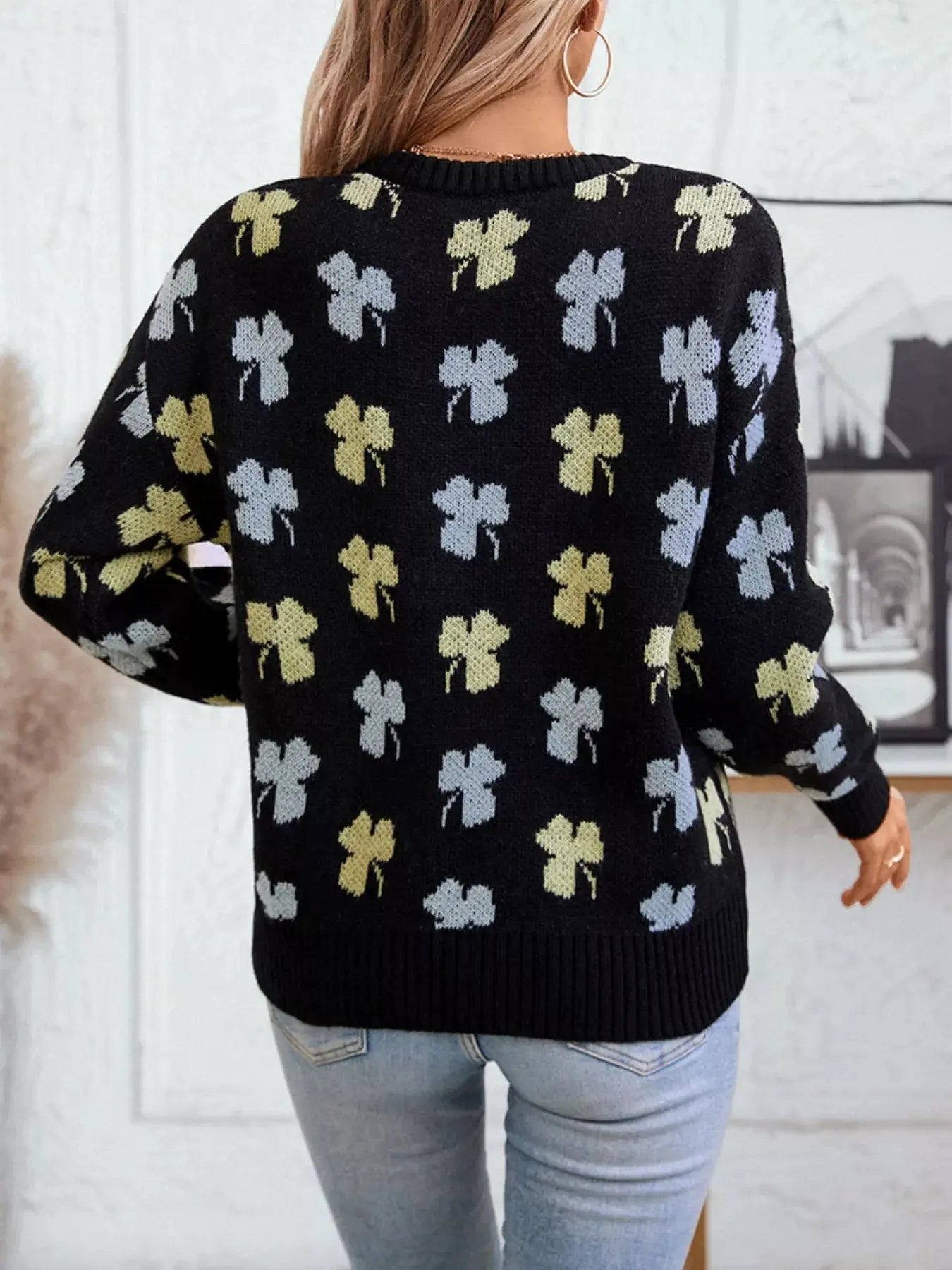 Clover Round Neck Long Sleeve Sweater Simply Love