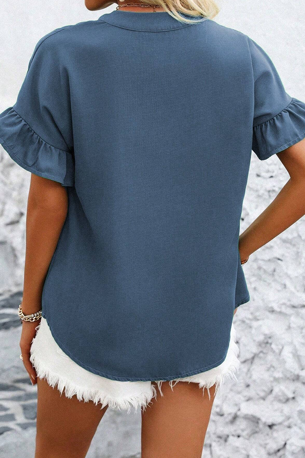 Real Teal Solid Color Ruffle Ruched Short Sleeve Shirt