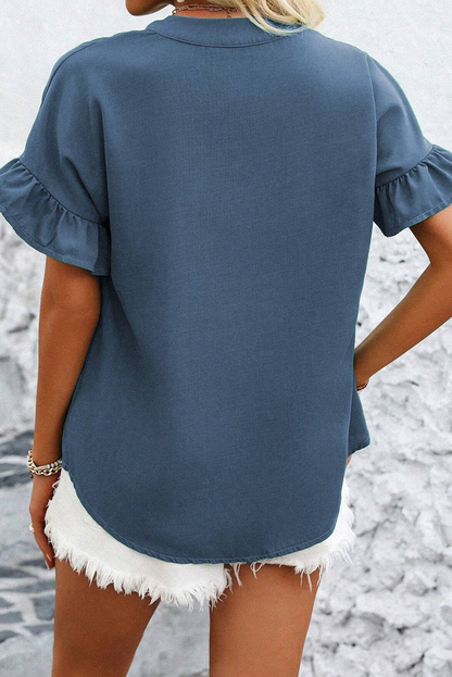 Real Teal Solid Color Ruffle Ruched Short Sleeve Shirt