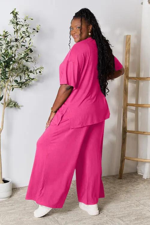 Double Take Full Size Round Neck Slit Top and Pants Set - Love Salve