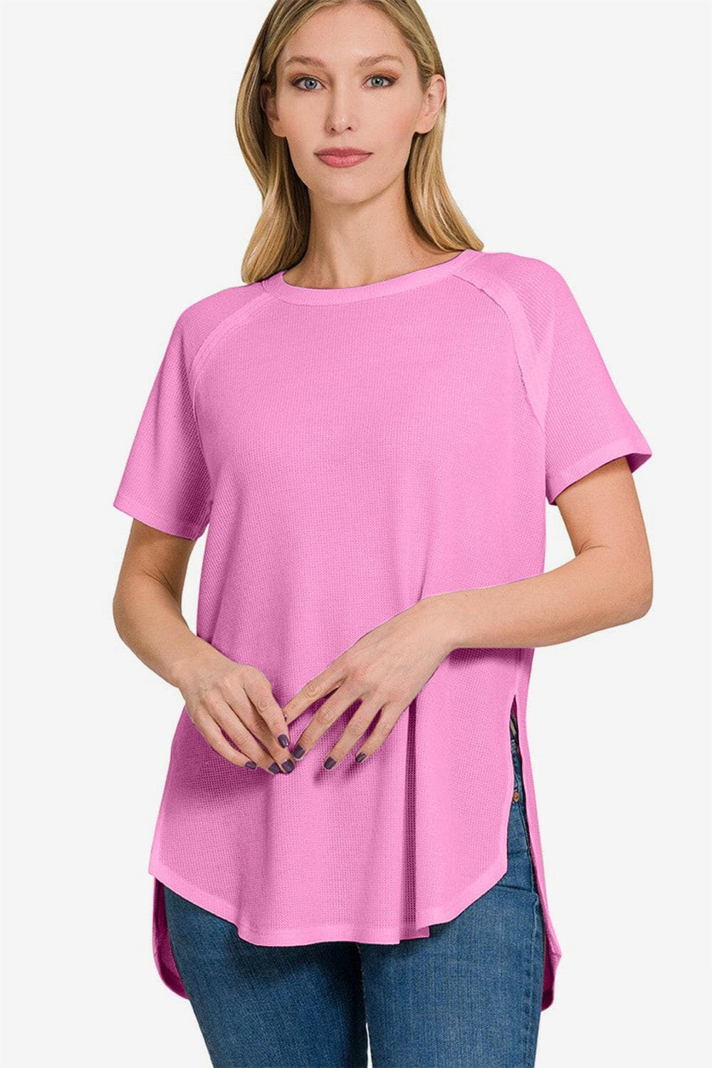 Zenana Slit Round Neck Short Sleeve Waffle Top.