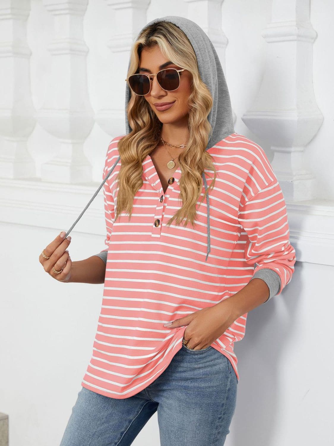 Drawstring Striped Long Sleeve Hoodie.