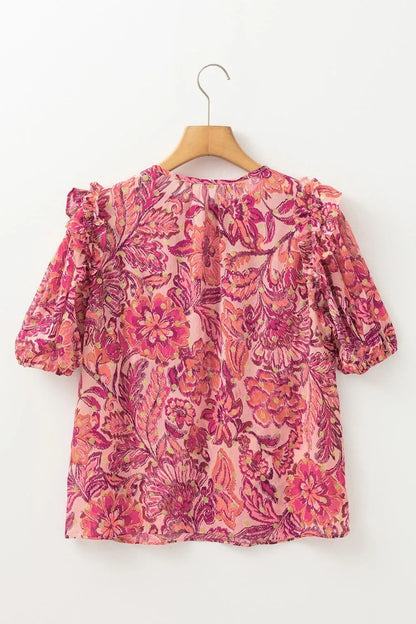 Floral Print Ruffled Puff Short Sleeve Blouse