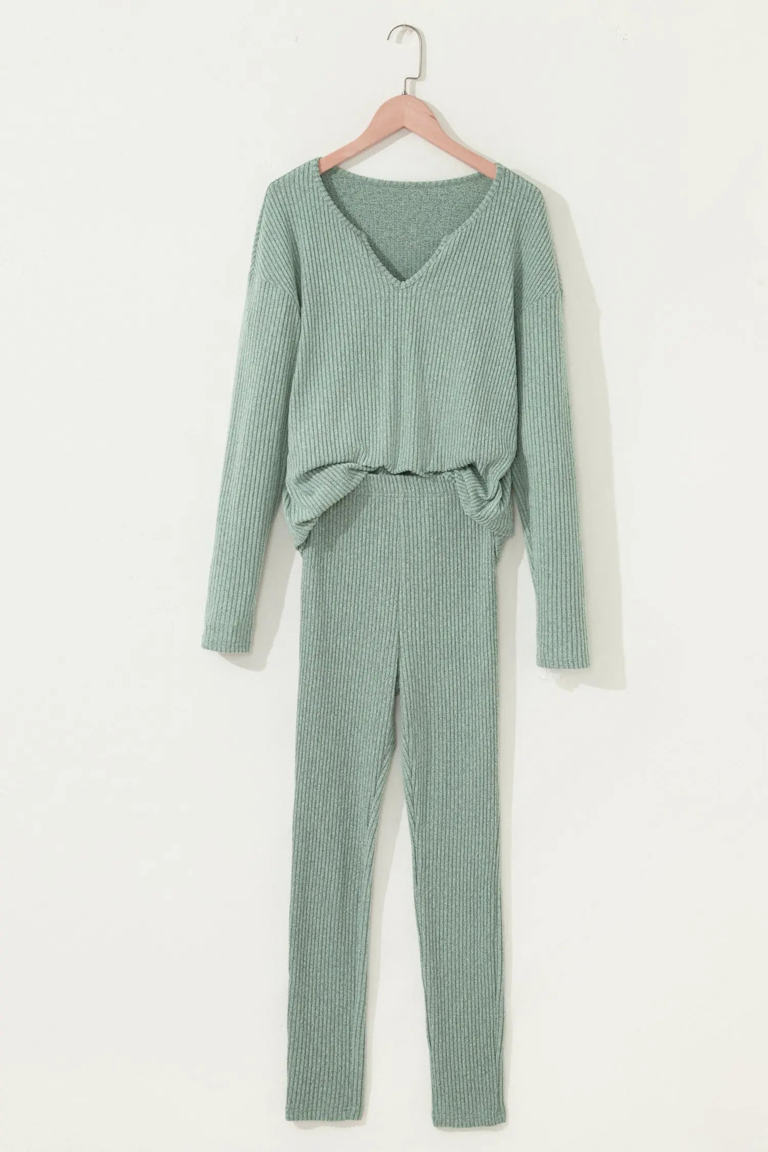 Grass Green Ribbed Notched Neck Knit Long Sleeve Two Piece Lounge Set Leggings Dear-Lover Dropshipping