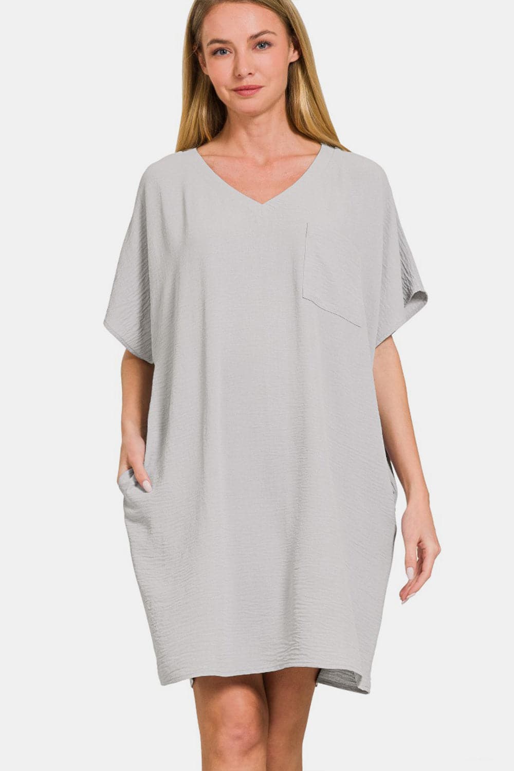 Zenana V-Neck Tee Dress with Pockets.