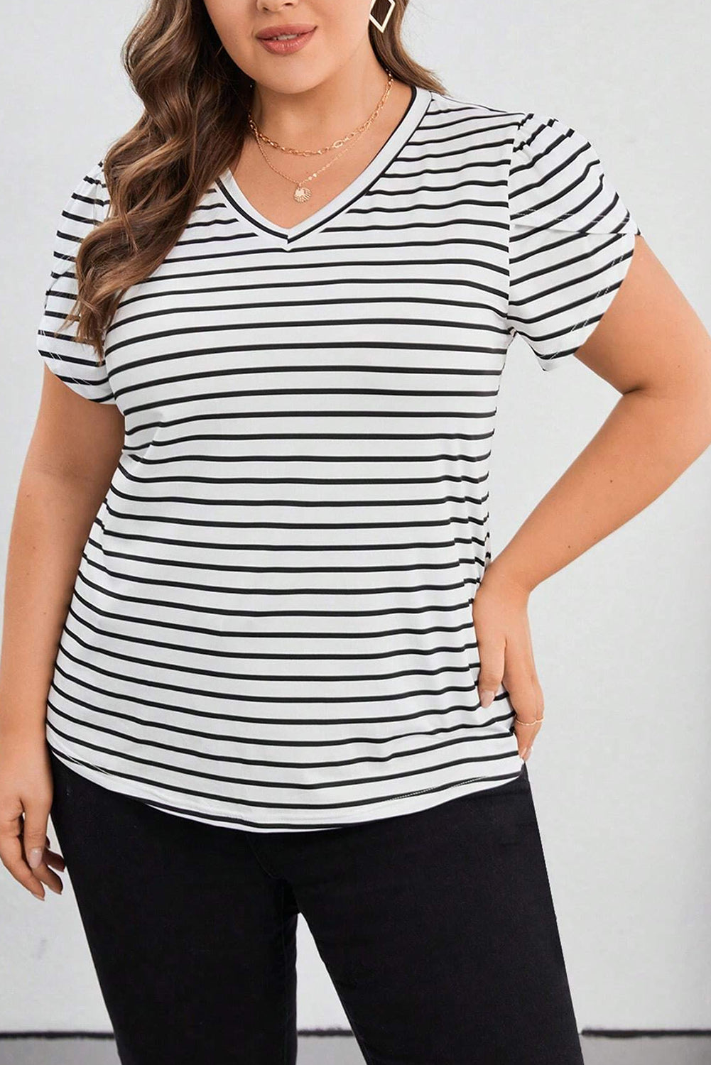 Chic white striped v neck plus size T-shirt with petal sleeves