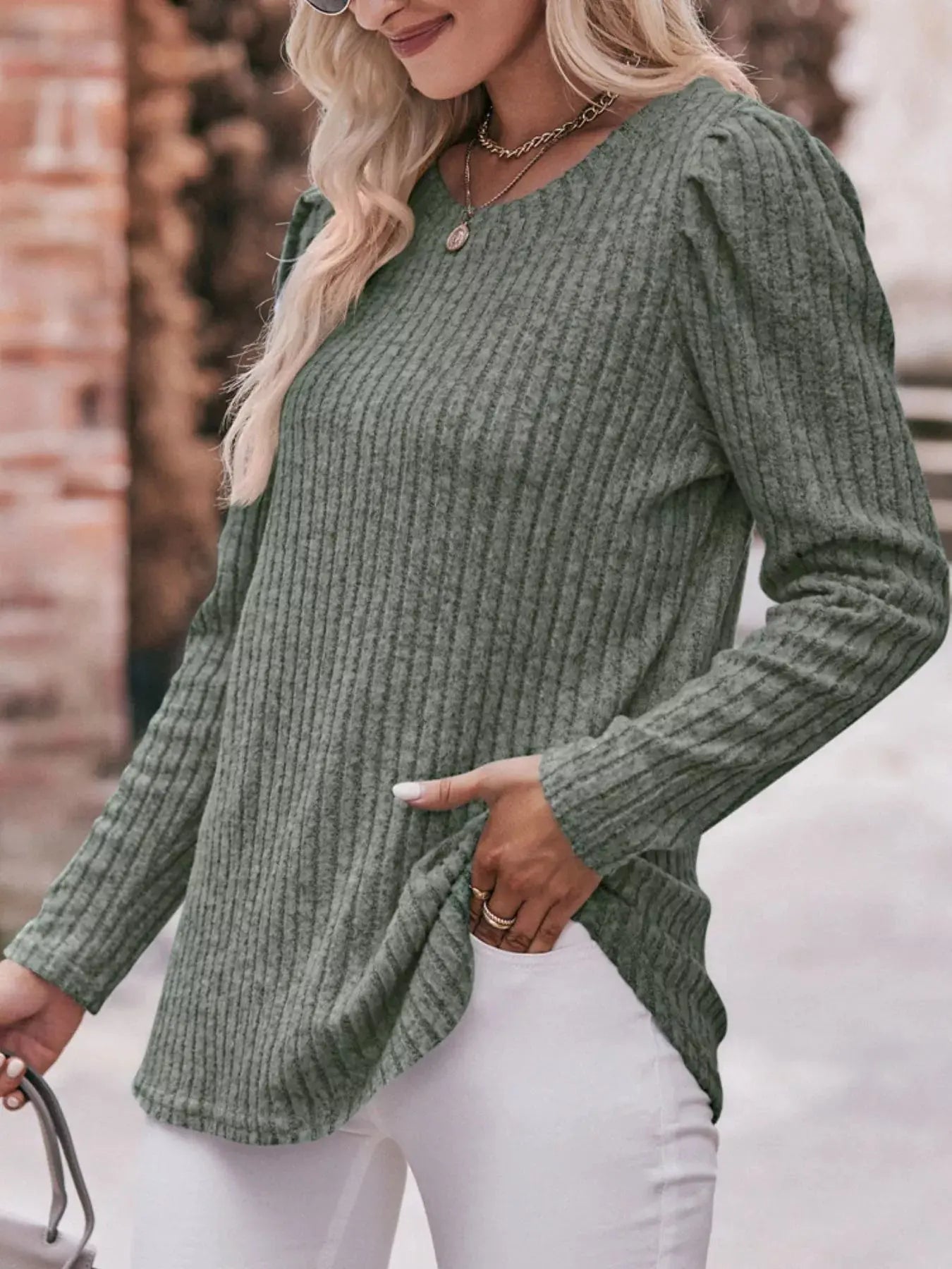 Ribbed Knit Puff Sleeve T-Shirt Simply Love