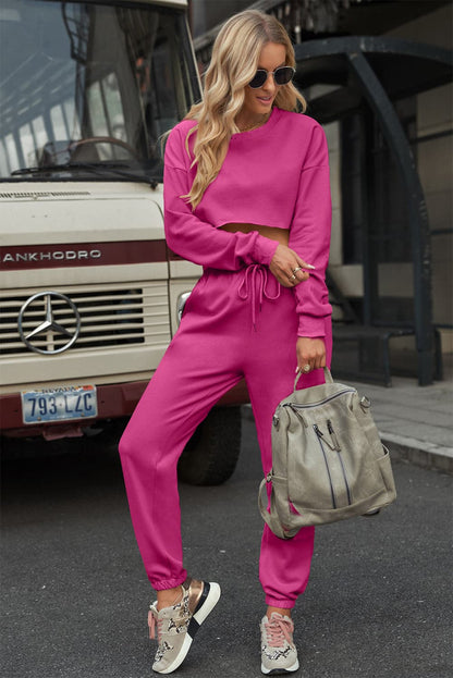 Round Neck Long Sleeve Cropped Top and Pants Set.