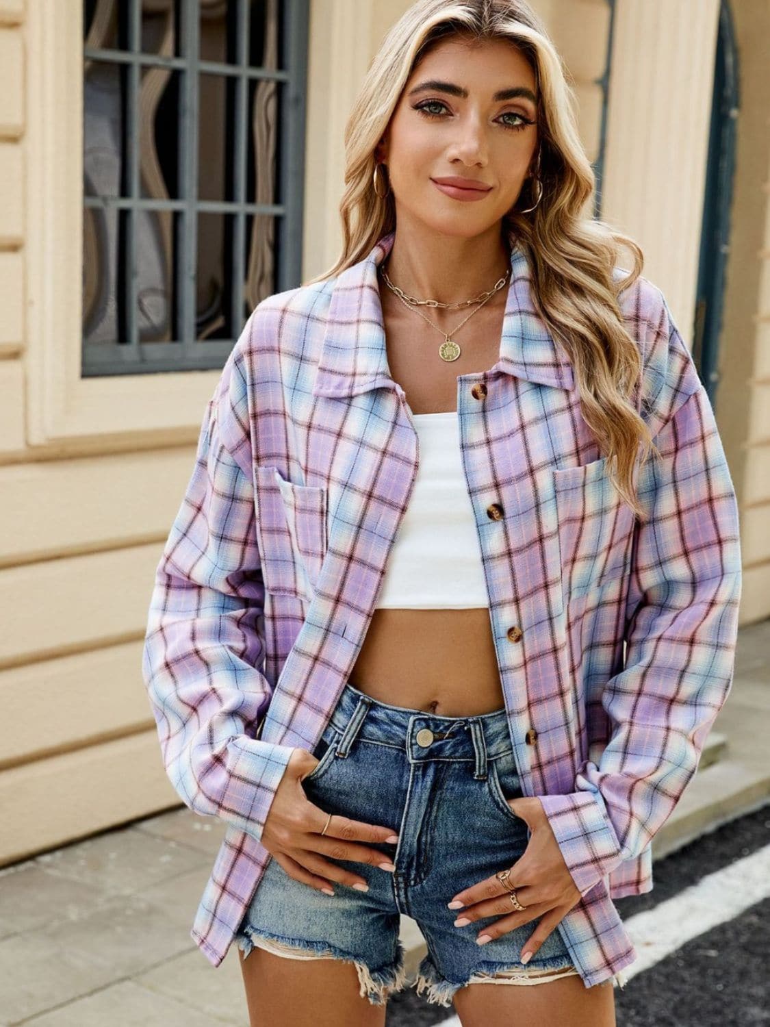 Plaid Collared Neck Long Sleeve Shirt.