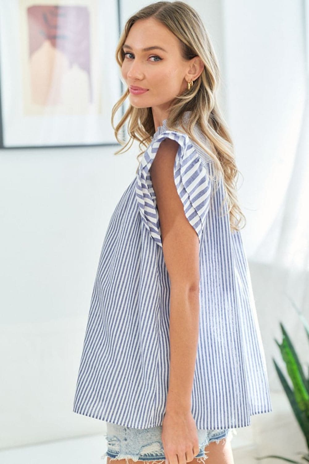 First Love Full Size Striped Flutter Sleeve Blouse.