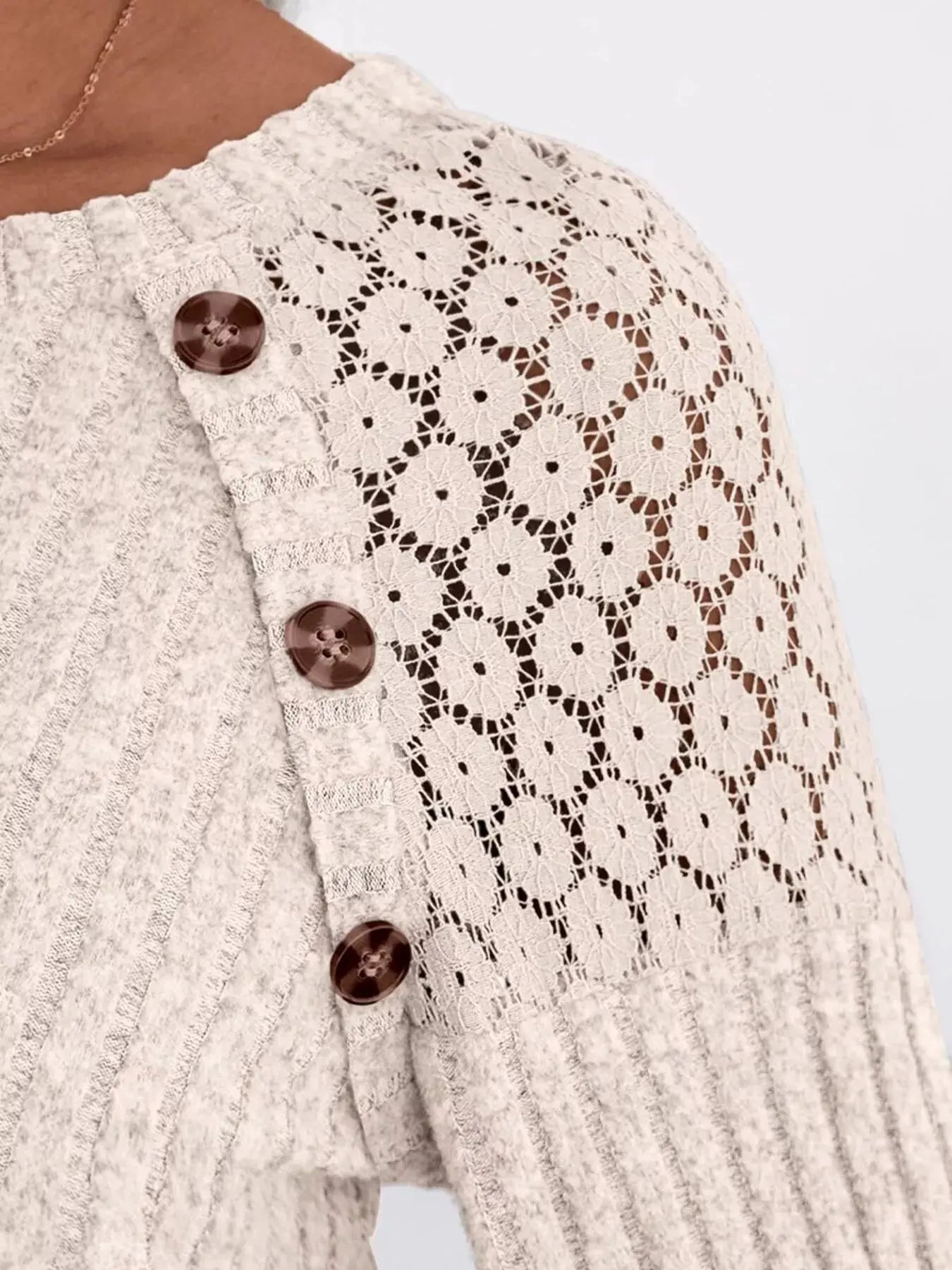 Ribbed Knit T-Shirt with Lace Shoulder Detail Simply Love