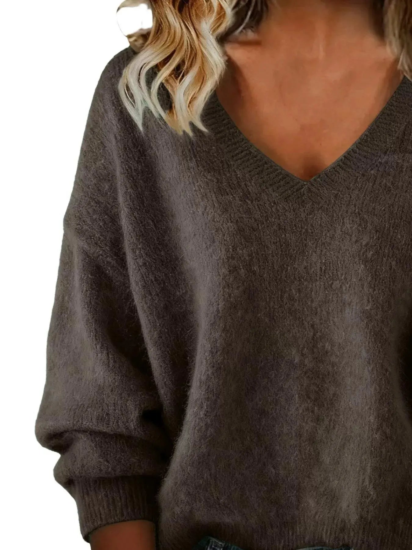 Full Size V-Neck Dropped Shoulder Sweater Plus Size Simply Love