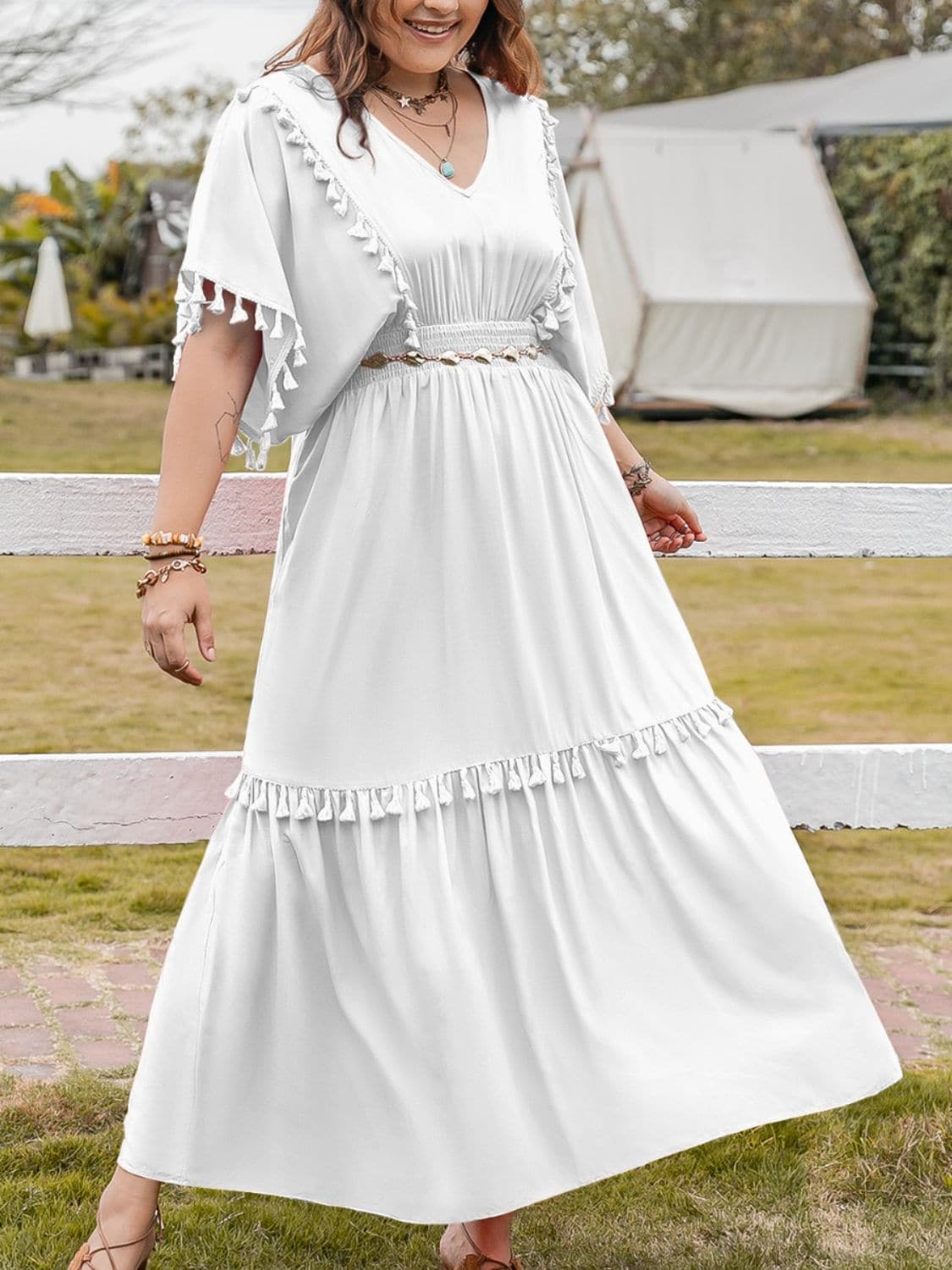 Plus Size Tassel Smocked V-Neck Half Sleeve Dress.