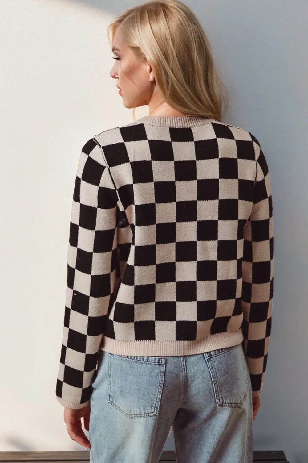 Double Take Full Size Checkered Tie Front Long Sleeve Cardigan - Love Salve
