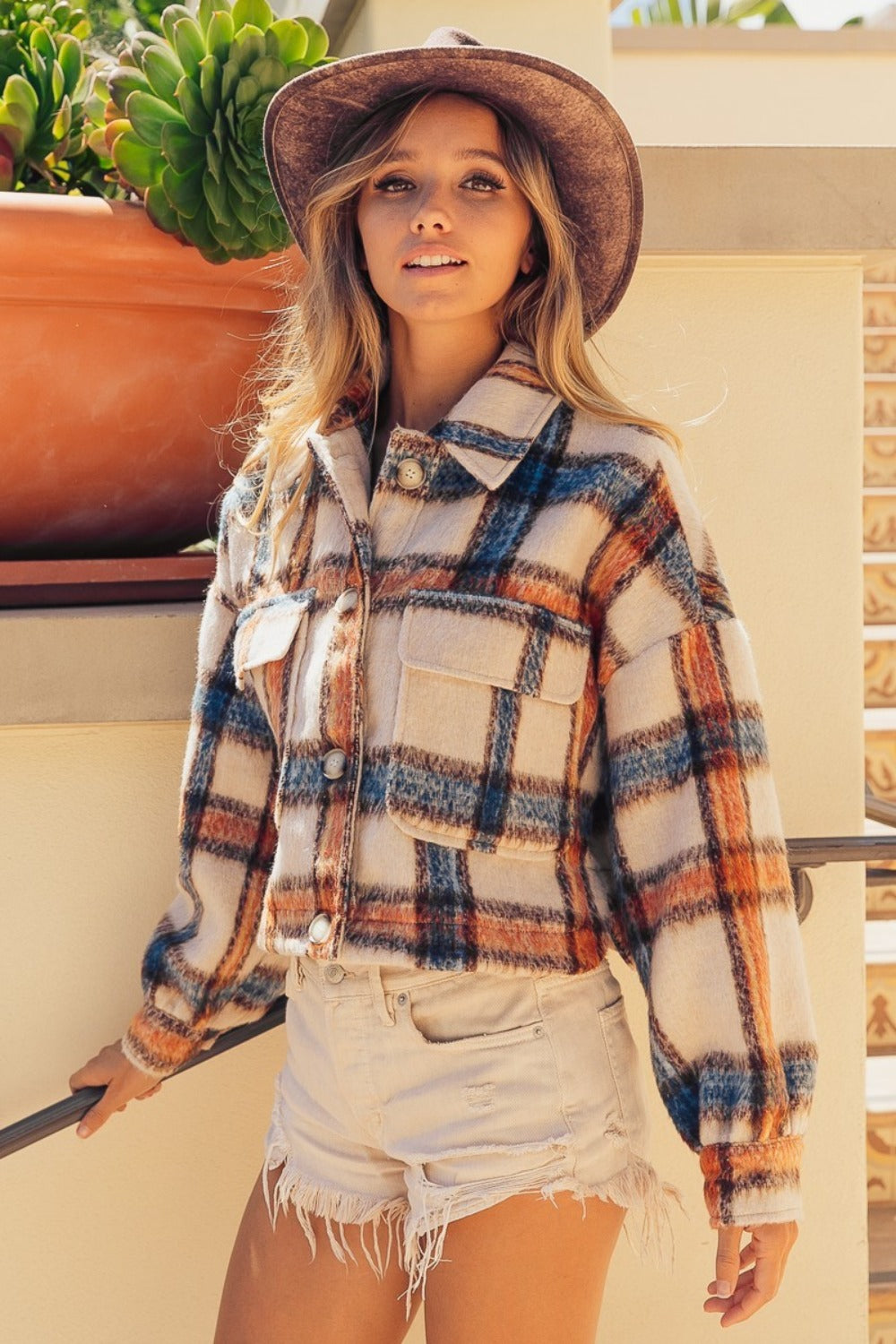 BiBi Brushed Plaid Crop Jacket with Pockets Coco’s Tee Boutique