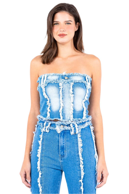 Frayed edge denim corset top with a chic twist