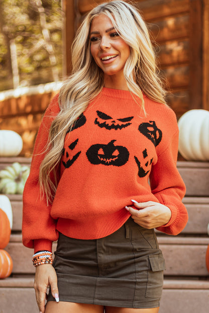 Spooky pumpkin face drop shoulder sweater for Halloween fun