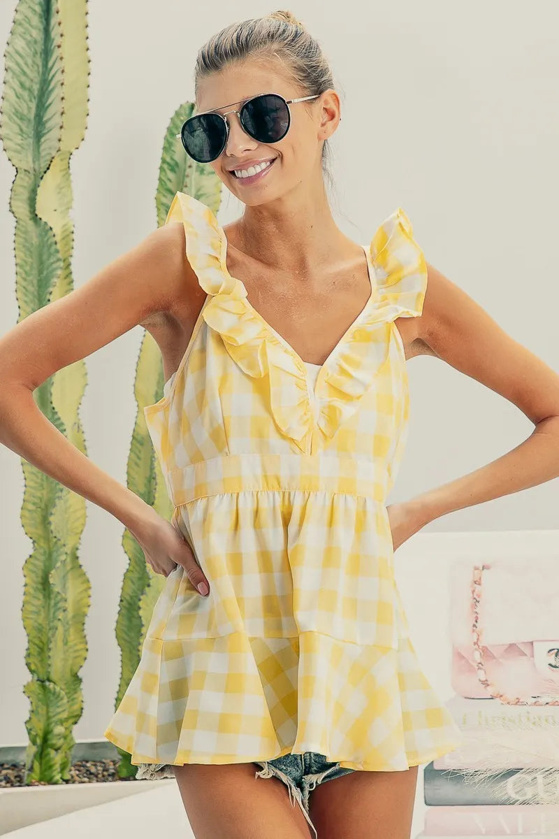 BiBi Ruffled Neckline Sleeveless Check Plaid Peplum Top - Love Salve 