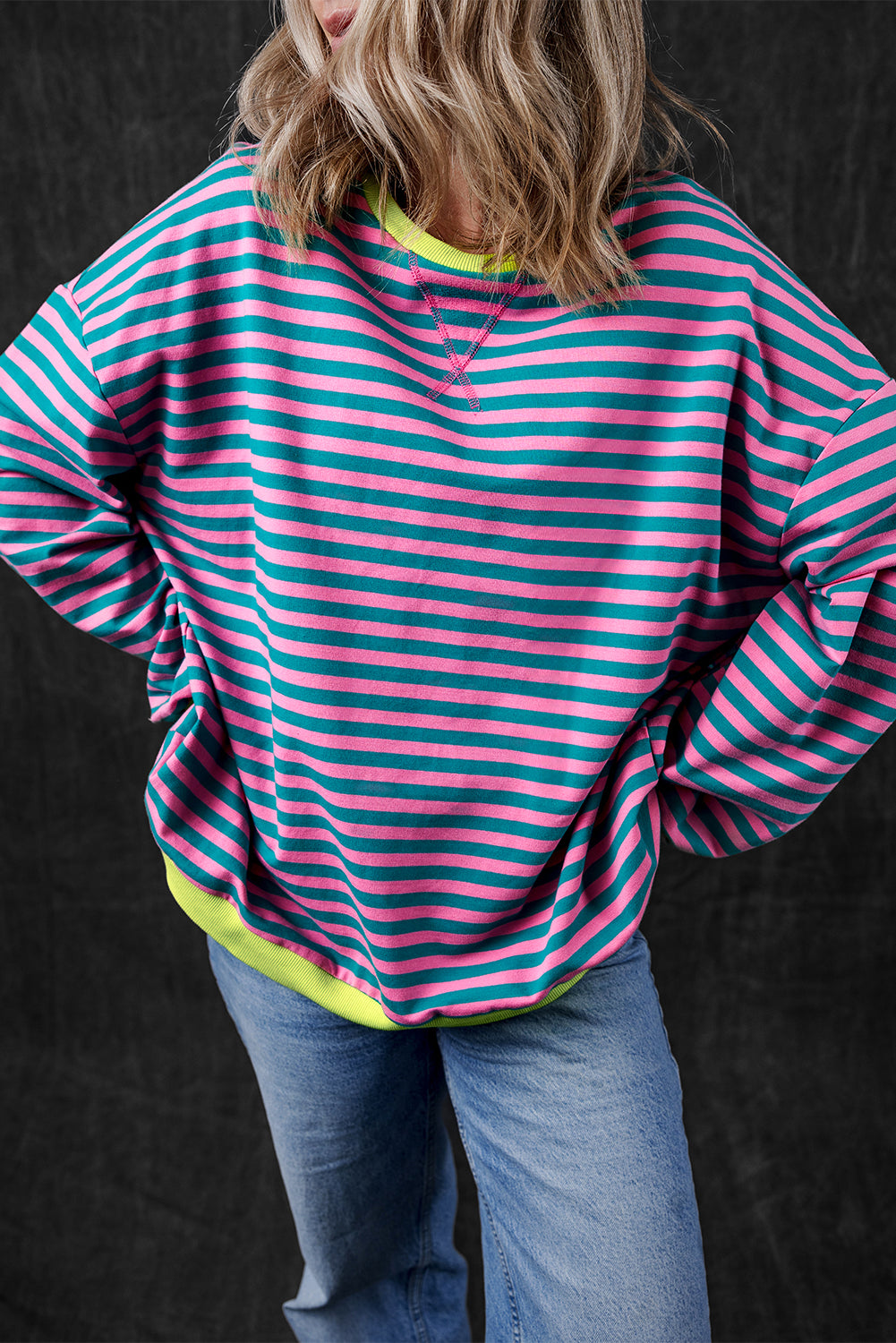 Trendy green striped oversized pullover with contrast detailing