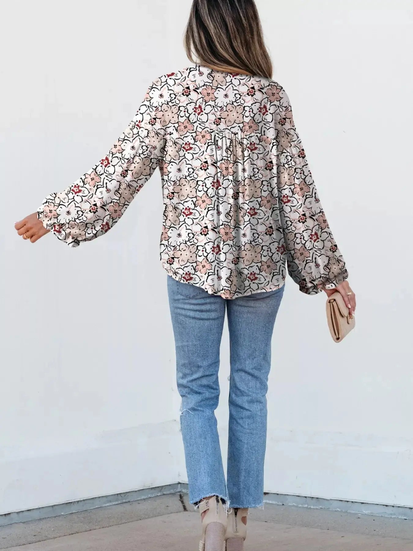 Floral Print Frilled Puff Sleeve Button Down Shirt Simply Love