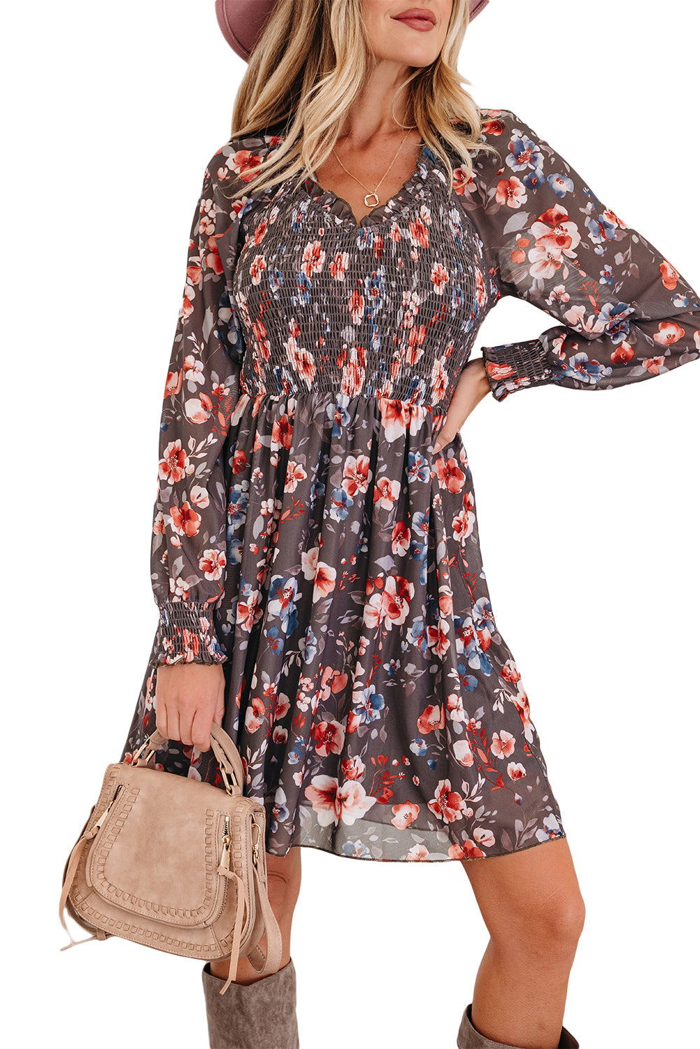 Brown Frilly Smocked Bodice Mesh Long Sleeve Mini Dress Dear-Lover Dropshipping