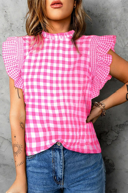 Ruffled Plaid Mock Neck Cap Sleeve Blouse.