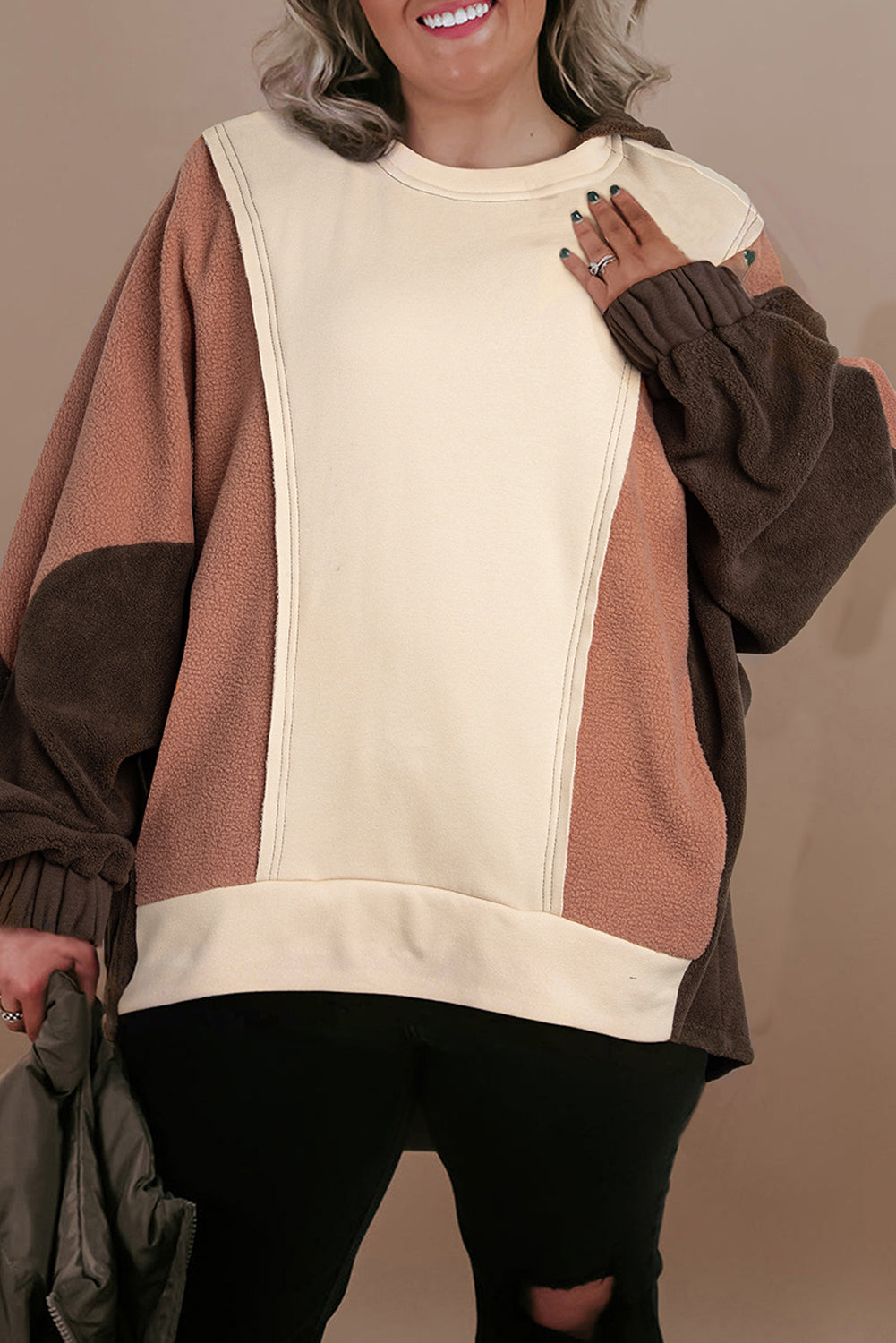 Chic colorblock plus size hoodie with exposed seams