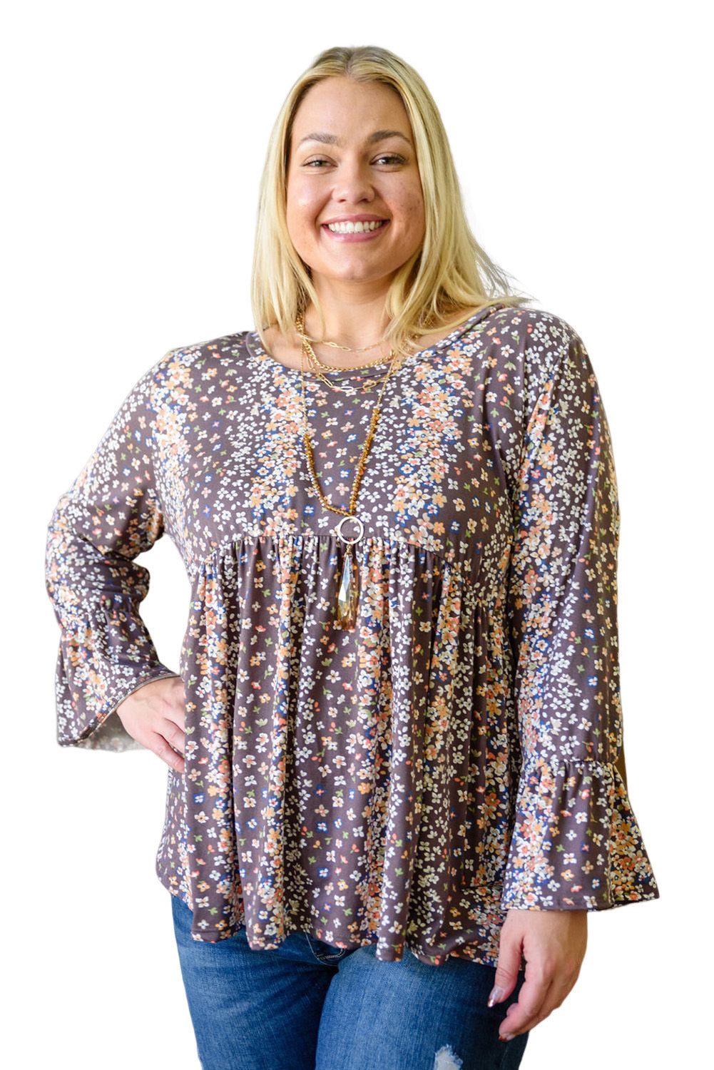 Charming purple floral plus size babydoll top with round neckline