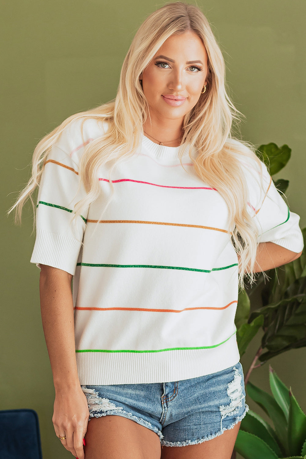 Chic White Colorblock Striped Drop Shoulder Sweater with Half Sleeves