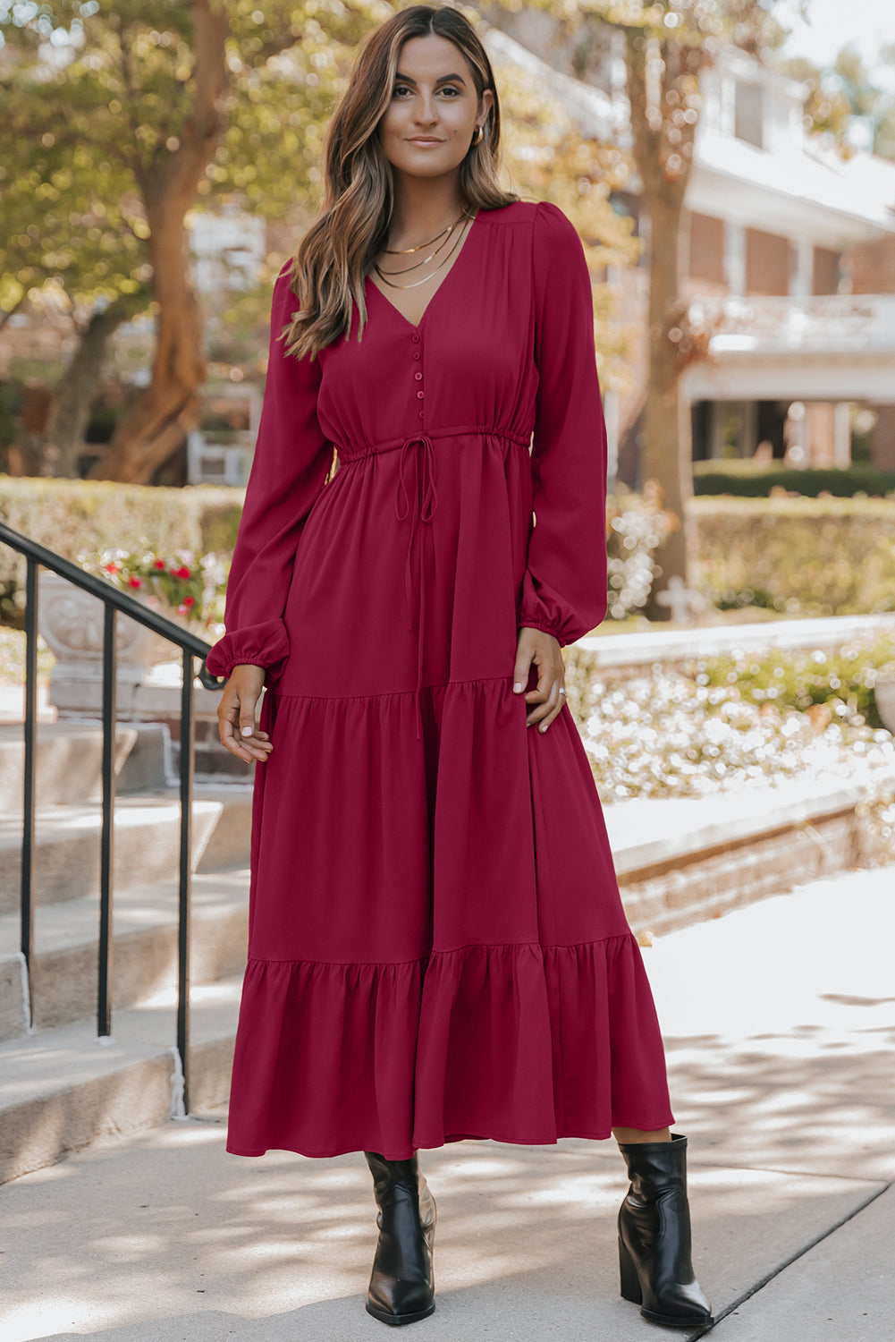 Burgundy Solid Long Sleeve Button Front V Neck Tiered Maxi Dress For Women Dear-Lover Dropshipping