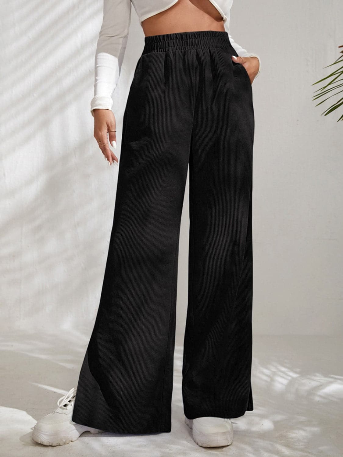 Slit Pocketed High Waist Wide Leg Pants.