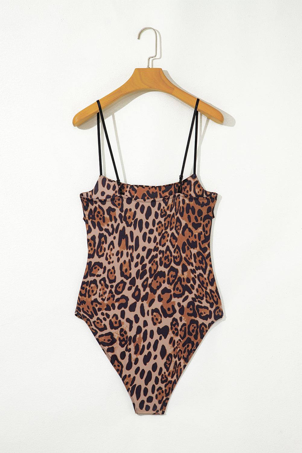 Brown Spaghetti Straps Ruched Leopard Bodysuit for Women