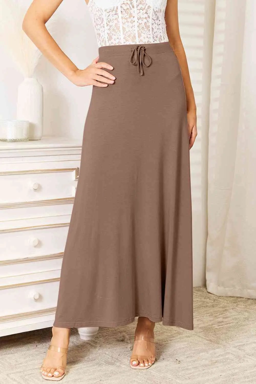 Double Take Full Size Soft Rayon Drawstring Waist Maxi Skirt Rayon - Love Salve