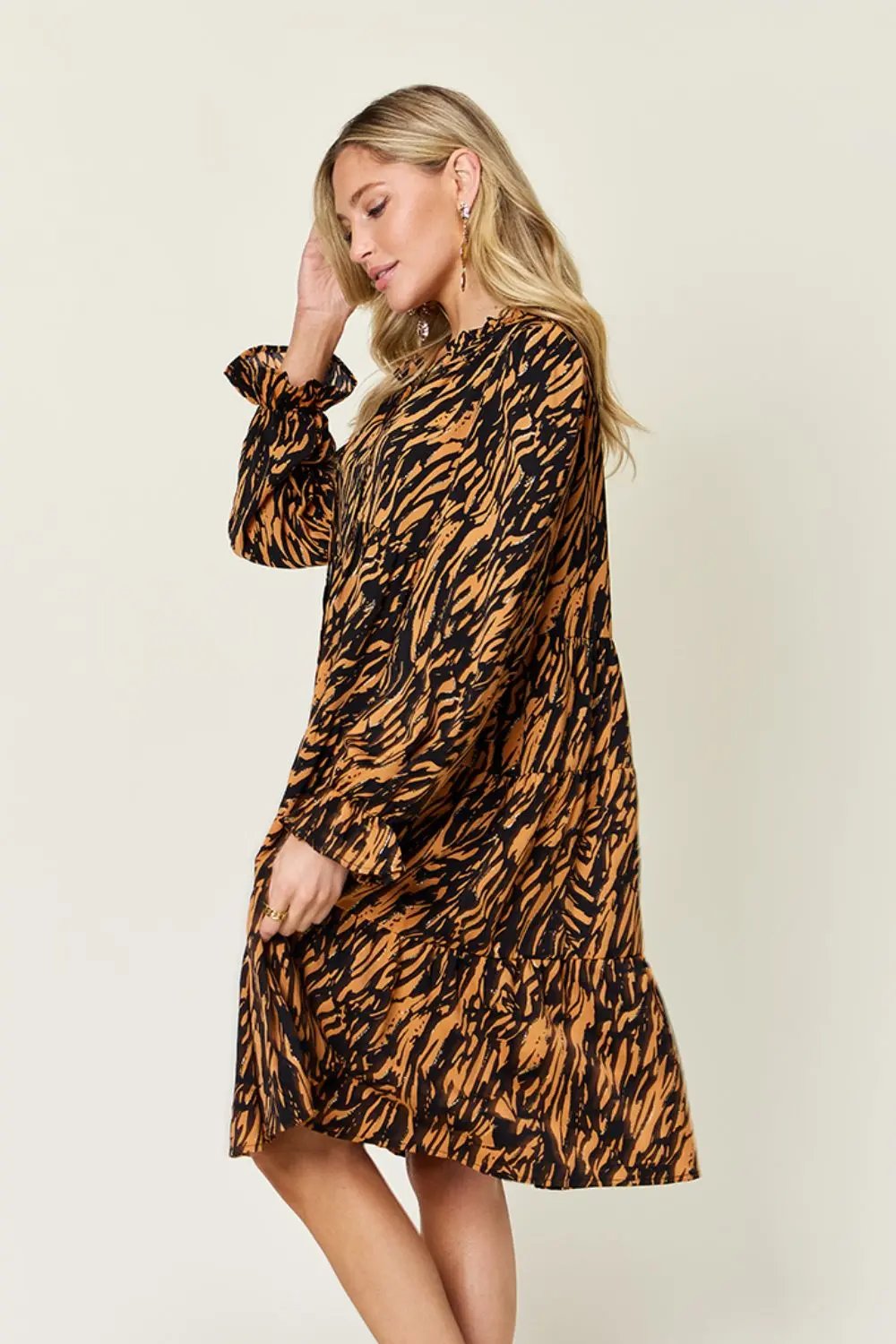 Double Take Full Size Printed Ruffle Hem Long Sleeve Dress - Love Salve