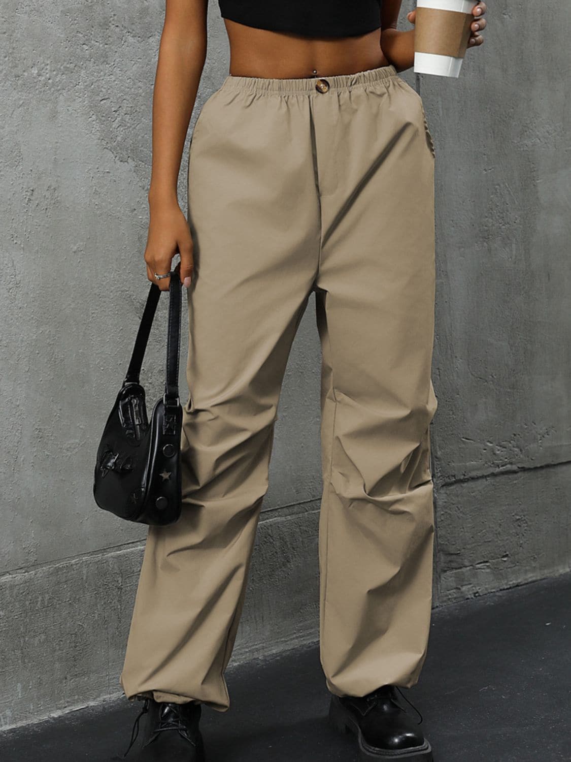 Pocketed Elastic Waist Pants.