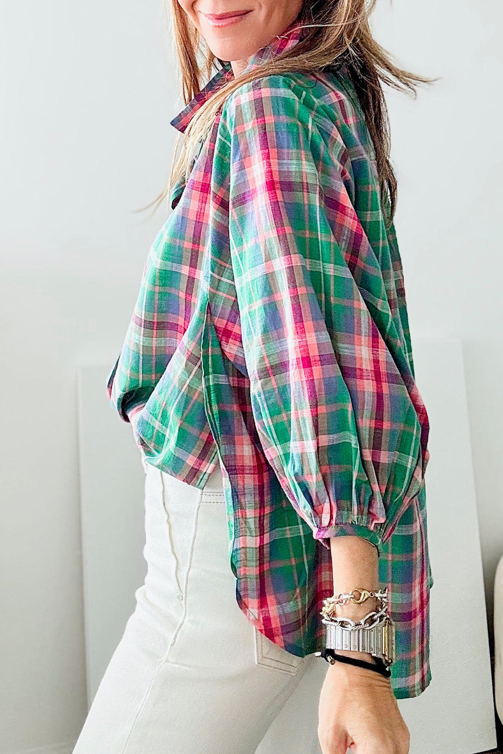 Casual green plaid 3/4 sleeve button-up shirt