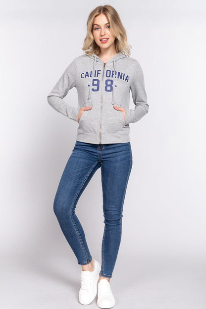 ACTIVE BASIC CALIFORNIA Zip Up Drawstring Long Sleeve Hoodie.