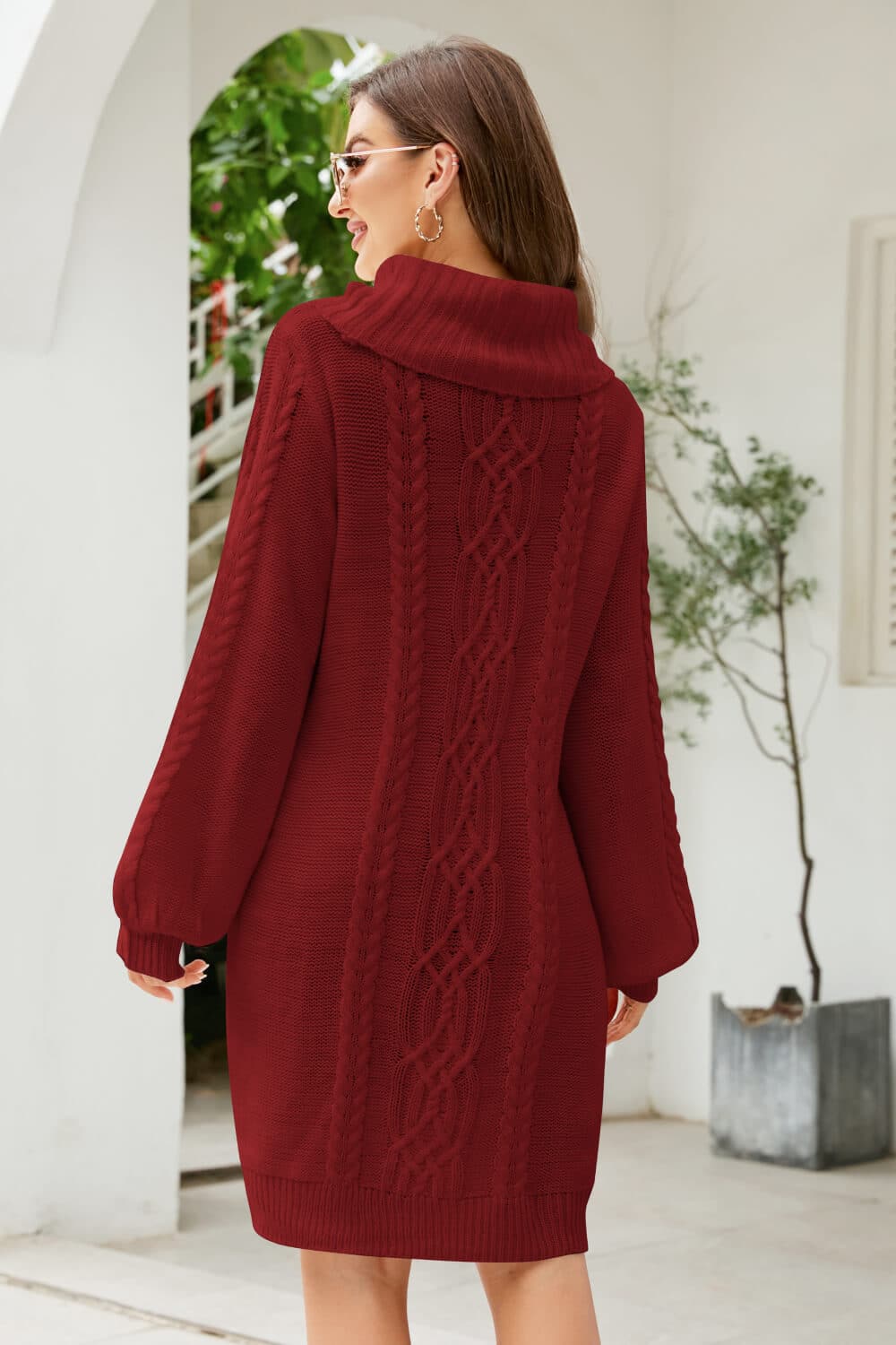 Woven Right Mixed Knit Turtleneck Lantern Sleeve Sweater Dress.