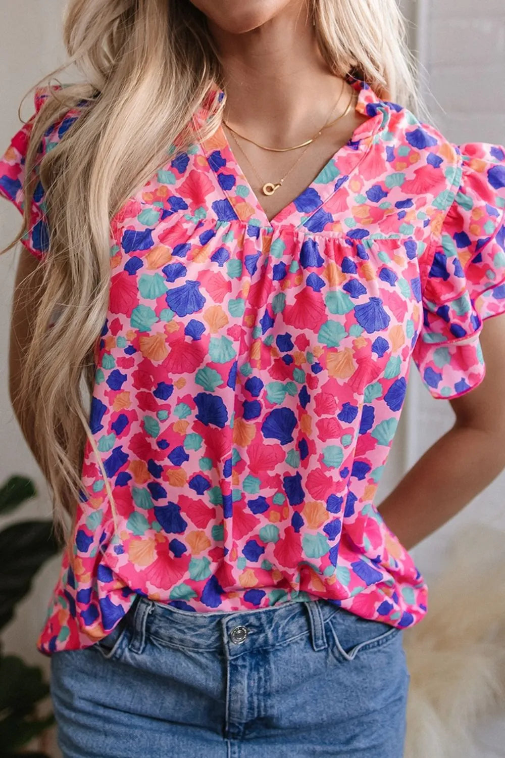 Abstract Print Ruffled Sleeve Notched Blouse - Product back view by Simply Love
