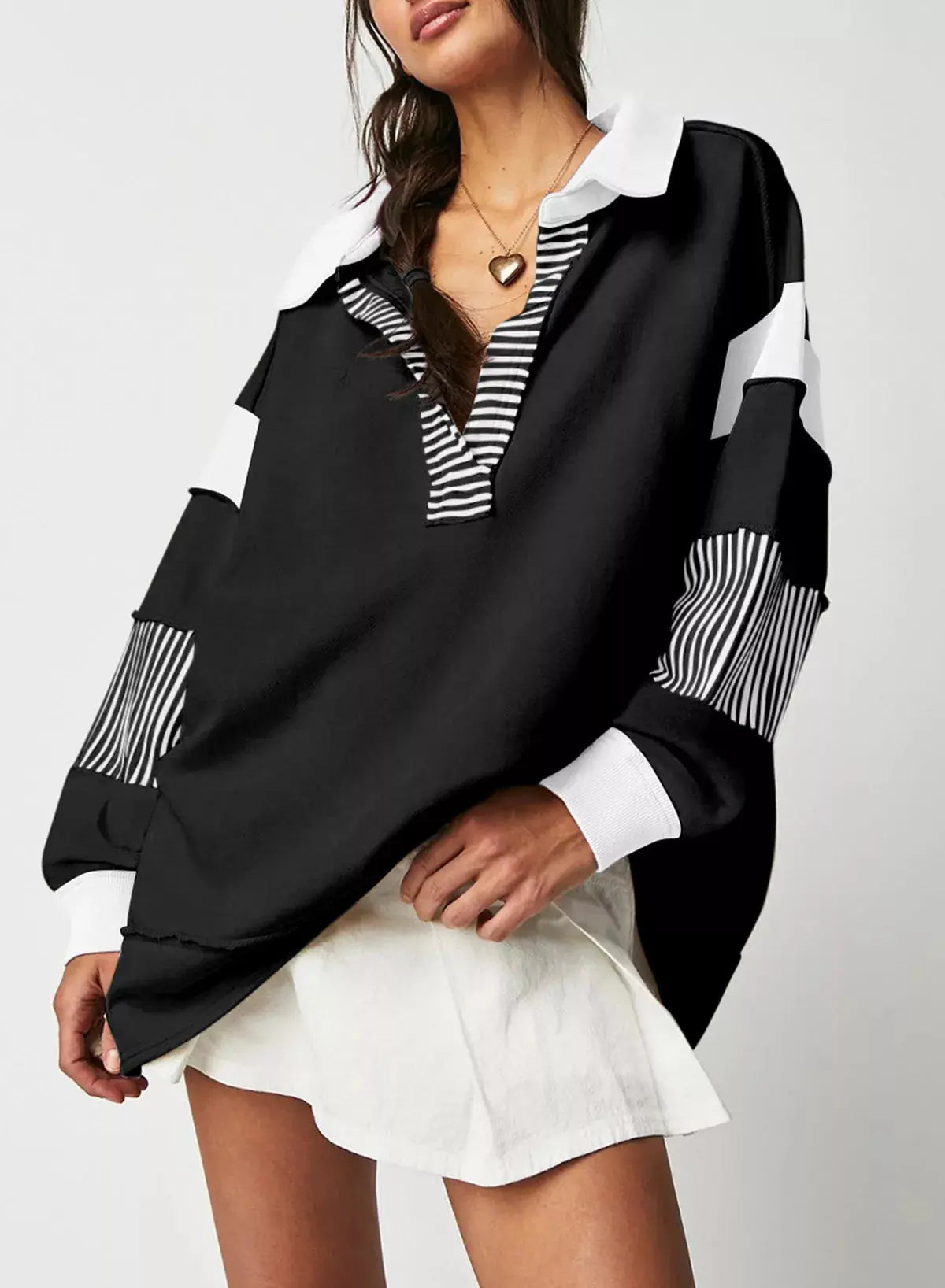 Color Block Striped Johnny Collar Sweatshirt Simply Love