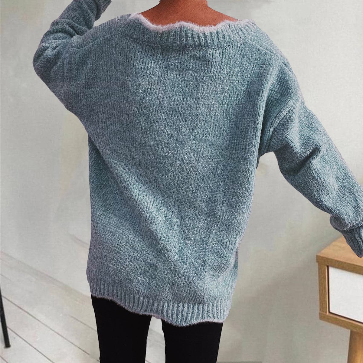 V-Neck Drop Shoulder Long Sleeve Sweater.