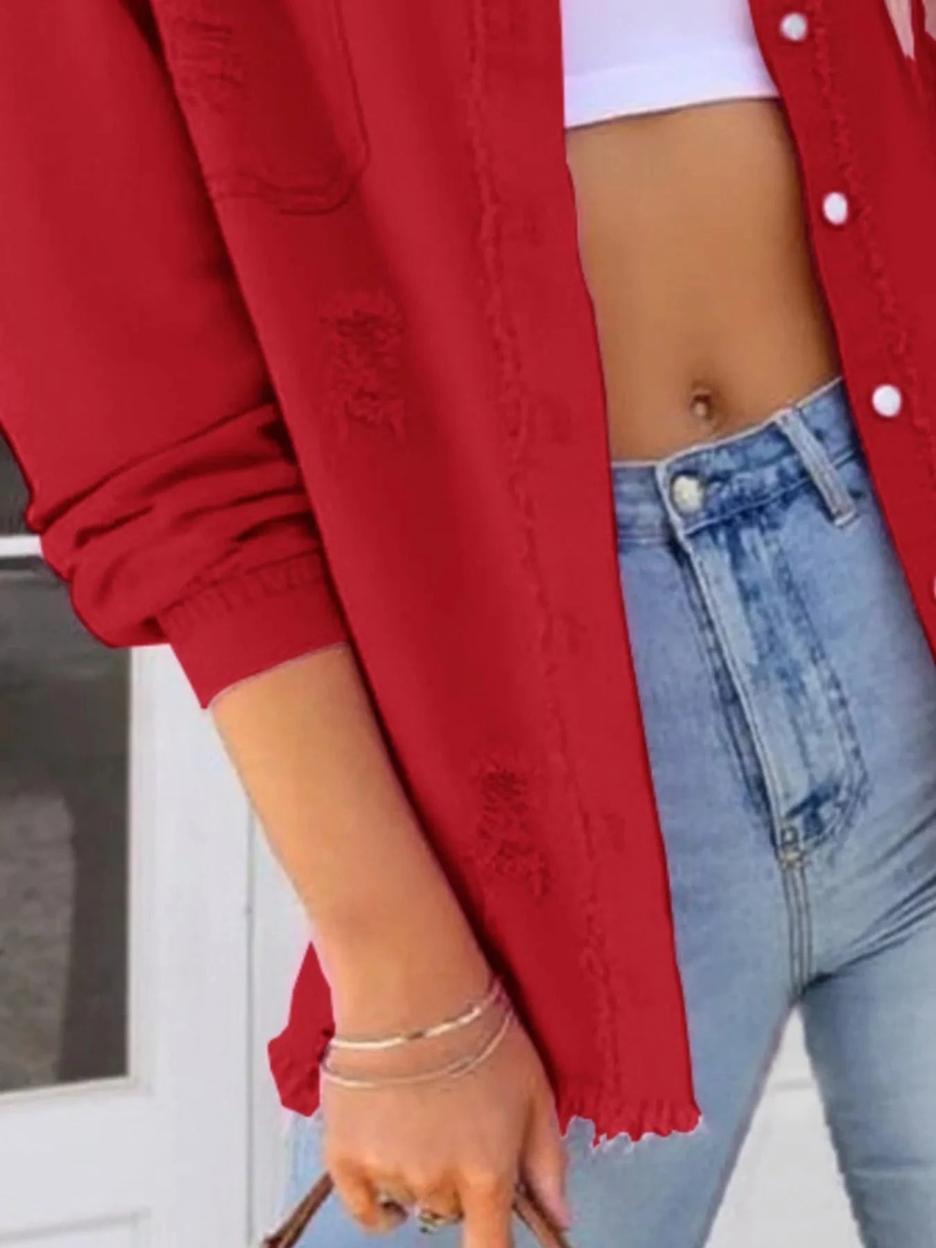 Distressed Denim Jacket with Frayed Edges Coco’s Tee Boutique